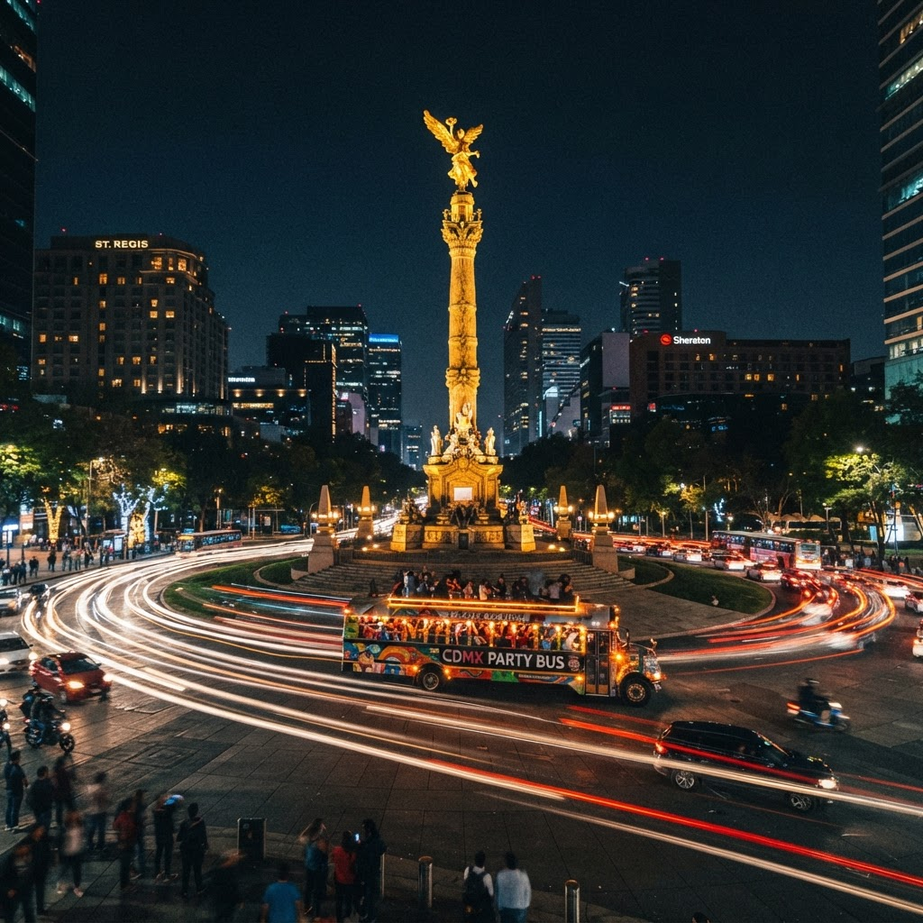 City tour nocturno con el Ángel de la Independencia iluminado y un party bus pasando